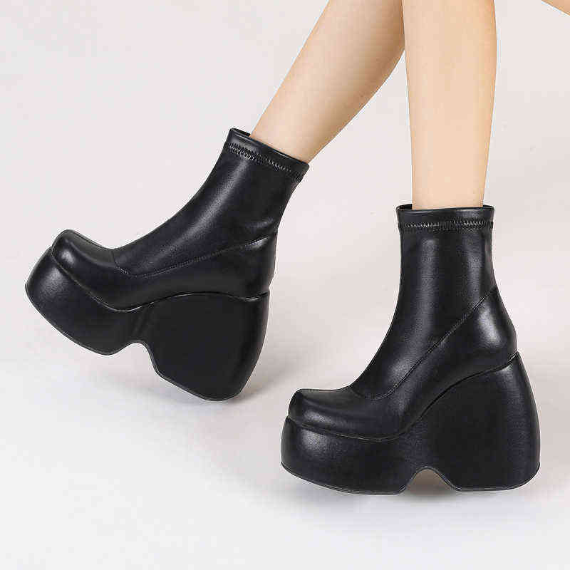 Stretch Punk Style Chunky Platform Ankle Boot For Women Autumn Winter Shoes Ladies High Heels Short Boots Bottine Female Black J220805