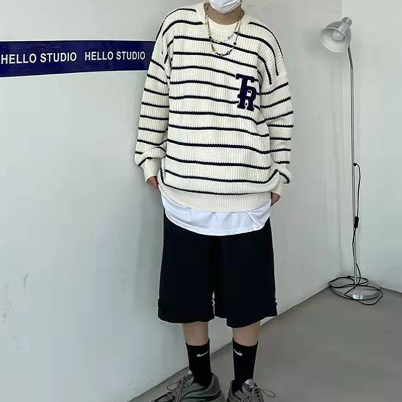 Letter Embroidery Striped Round Neck long-sleeved Sweater Men's Fall knit pullover Korean Casual Oversize Couple Sweaters 220819