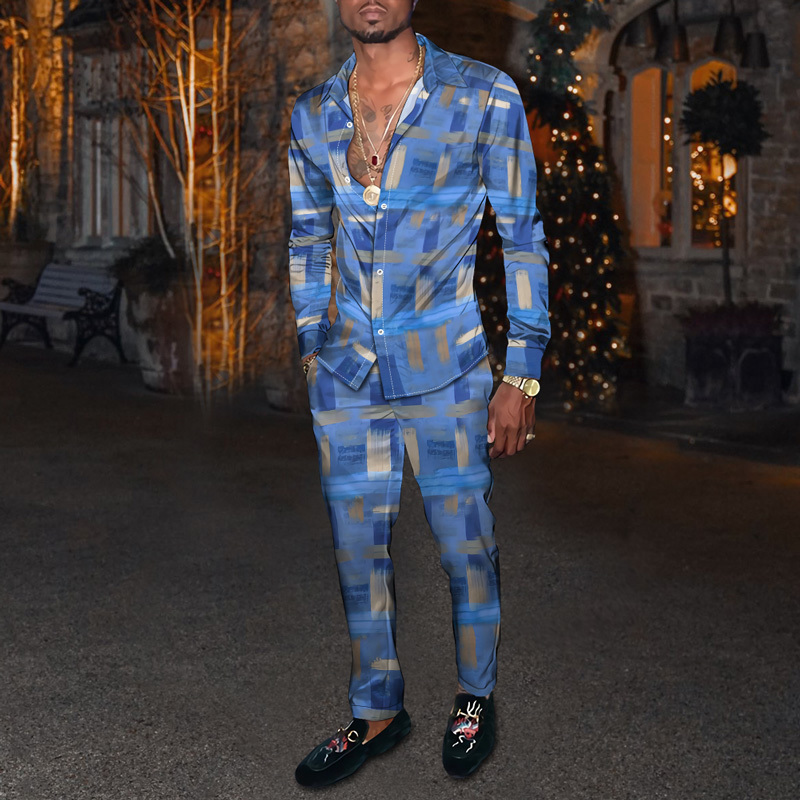 Spring Autumn Gentleman Shirt Trousers Checkered 3D Print Men Suit Jacket Cardigan Pants Set S4XL Oversized 100kg Man's Outfit 220819