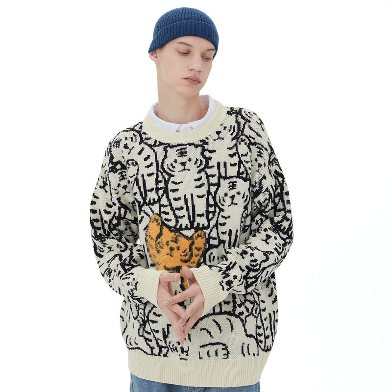 Harajuku Vintage Streetwear Sweaters Men Pullover Cartoon Tiger Pattern Knitted Jumpers Autumn Couple Casual Loose Tops Men 220819