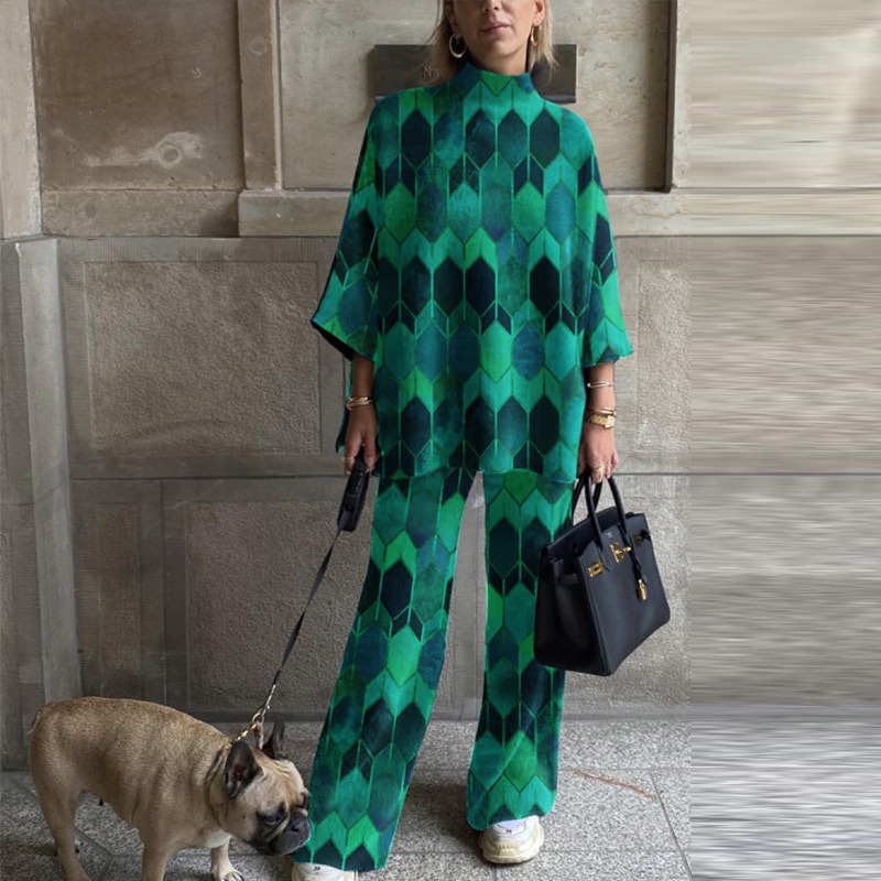 Retro Pattern Women's Wide Leg Pant 2 Piece Spring Half High Collar 34 Sleeve Pullovers Outfit Female Casual Chic Suit 220819
