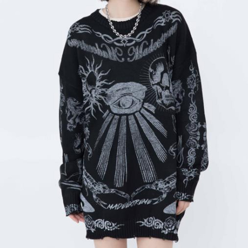 Men High Street Sweater Vintage Distressed Skull Graffiti Knitted Pullovers Women Cotton Harajuku Causal Loose Sweaters Autumn 220819