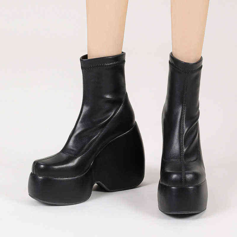 Stretch Punk Style Chunky Platform Ankle Boot For Women Autumn Winter Shoes Ladies High Heels Short Boots Bottine Female Black J220805