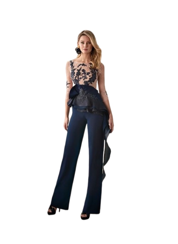 Navy Blue 2022 Mother of the Bride Dresses Pant Suits Wedding Guest jumpsuit Gowns Long Sleeve Lace Appliqued Mothers Groom