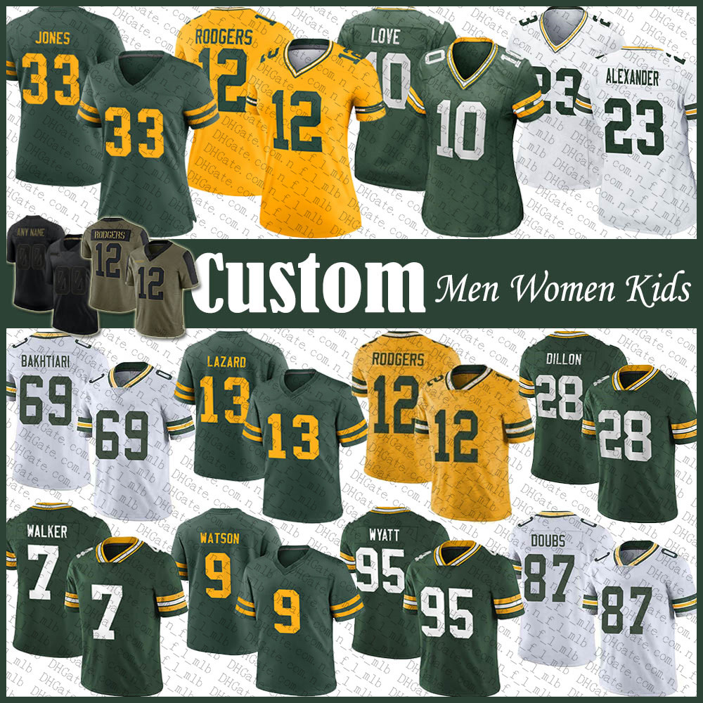 Aaron Rodgers Jones Jaire Alexander AJ Dillon Custom Football Jersey David Bakhtiari Allen Lazard Quay Walker Devonte Wyatt Christian Watson Romeo Doubs Bart Starr, Shown