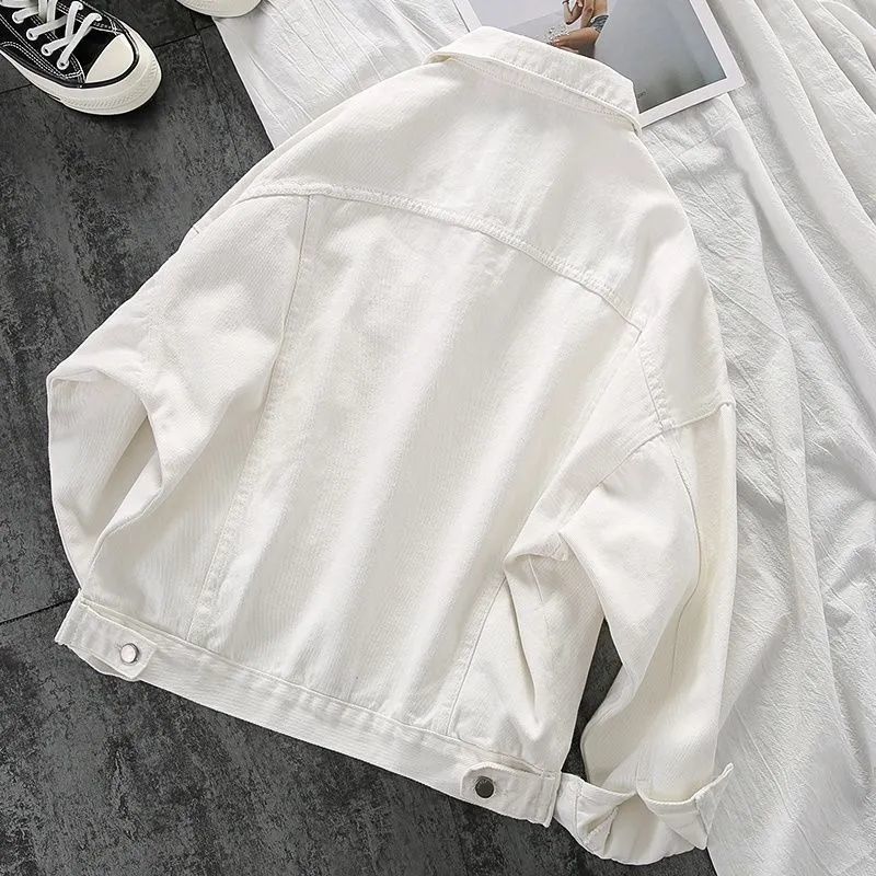White Denim Jacket Women's Autumn Coat The Large Size Fashion Solid Color Loose All-match Lapel Black Women Clothing 220818