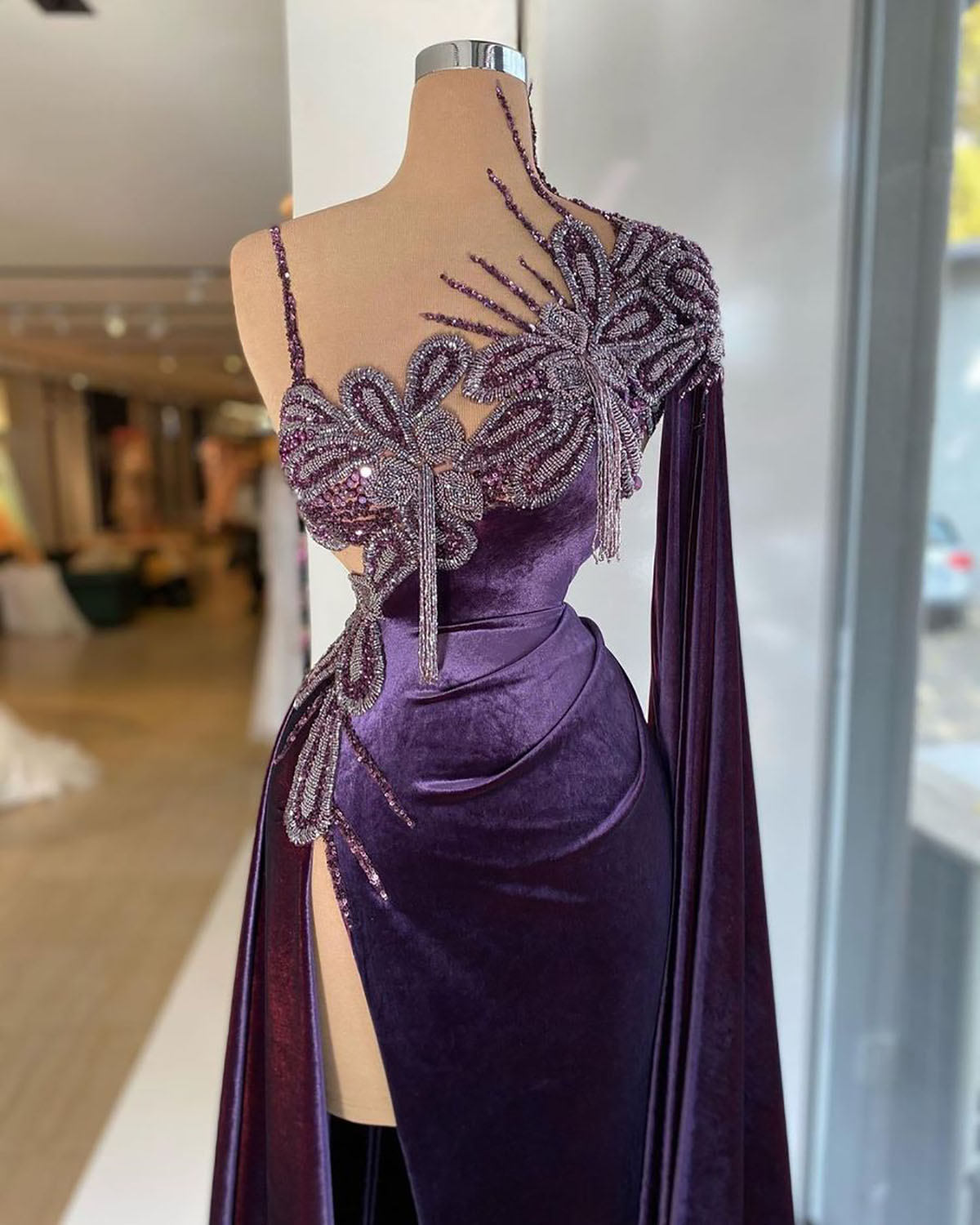 Purple Velvet Mermaid Evening Dress Couture Sheer Neck Beading Lace Prom Gowns Robe De Soiree Side Split Dubai Formal Wear