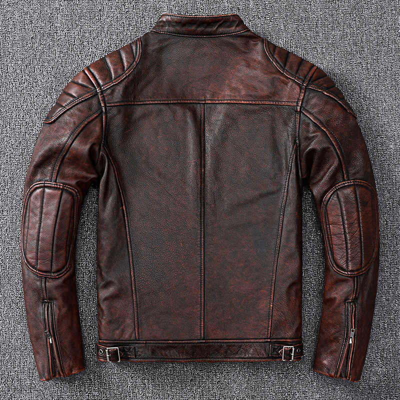 Vintage Style Mens Cowhide Clothes Biker Genuine Leather Jacket Fashion Brown Leather slim coat men 220819