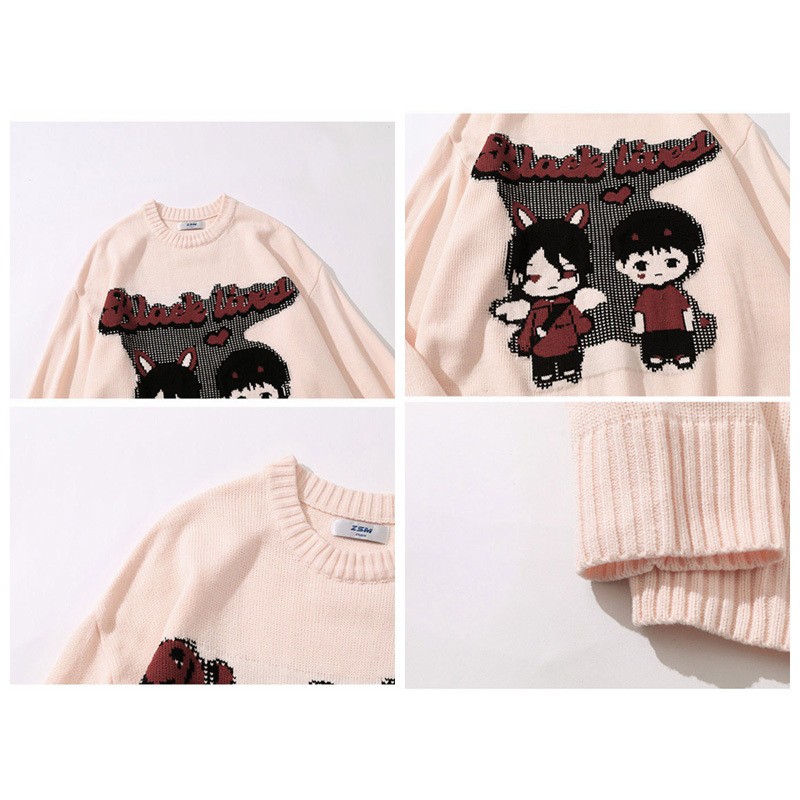 Funny Black Lived Couples Printed Pullover Knitwear Men Oversized Japanese Anime Cartoon Knitted Sweater Women Tops 220819