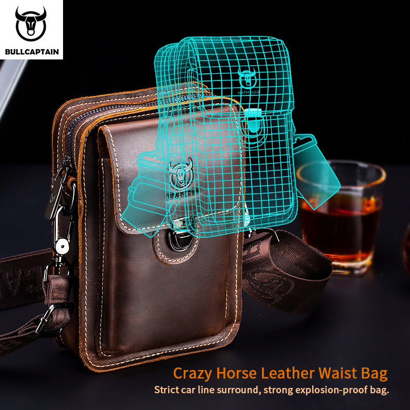 BULLCAPTAIN Crazy horse leather Male Waist Pack Phone Pouch Bags Waist Bag Mens Small chest Shoulder Belt Bag back pack075 220819
