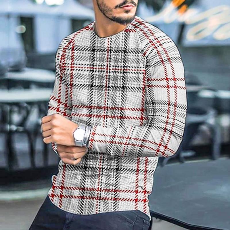 T-shirt Long Sleeve Slim Top Cotton Blend Men Stripe Plaid Print Male Pullover Sweater for Autumn Men clothing Casual Streetwear 220819