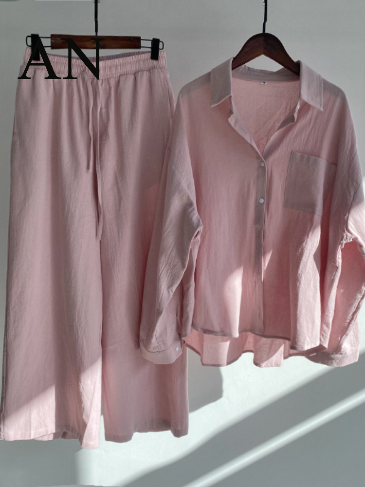 Women s 2 piece Retro Oversize Cotton and Linen Shirt Plus High Waist Slacks Suit Sweatshirt Set 220819
