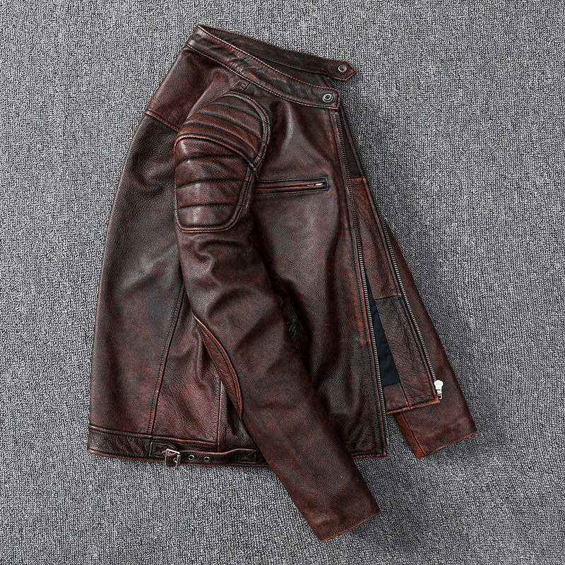 Vintage Style Mens Cowhide Clothes Biker Genuine Leather Jacket Fashion Brown Leather slim coat men 220819