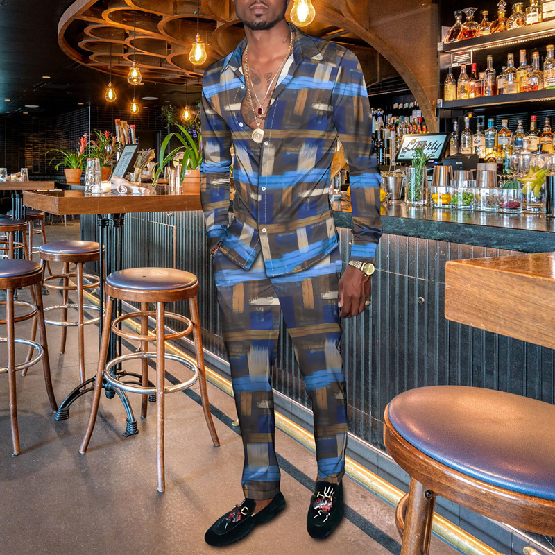 Spring Autumn Gentleman Shirt Trousers Checkered 3D Print Men Suit Jacket Cardigan Pants Set S4XL Oversized 100kg Man's Outfit 220819