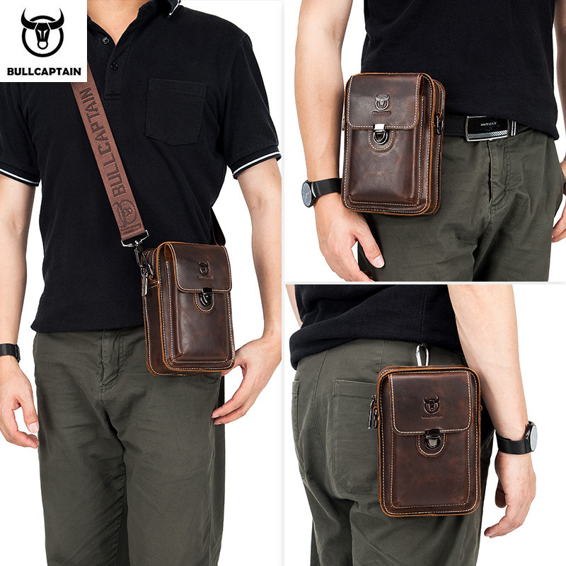 BULLCAPTAIN Crazy horse leather Male Waist Pack Phone Pouch Bags Waist Bag Mens Small chest Shoulder Belt Bag back pack075 220819