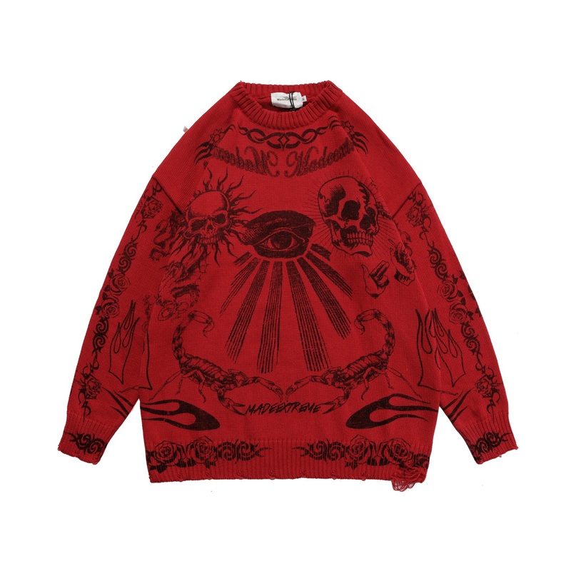 Men High Street Sweater Vintage Distressed Skull Graffiti Knitted Pullovers Women Cotton Harajuku Causal Loose Sweaters Autumn 220819
