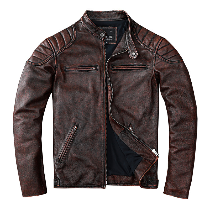 Vintage Style Mens Cowhide Clothes Biker Genuine Leather Jacket Fashion Brown Leather slim coat men 220819