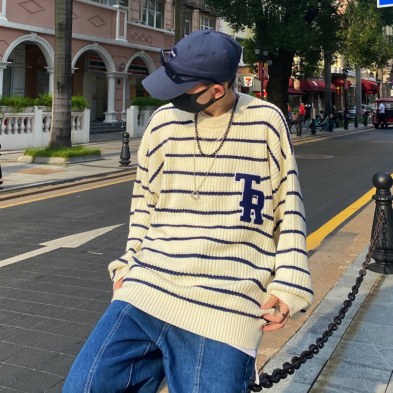 Letter Embroidery Striped Round Neck long-sleeved Sweater Men's Fall knit pullover Korean Casual Oversize Couple Sweaters 220819