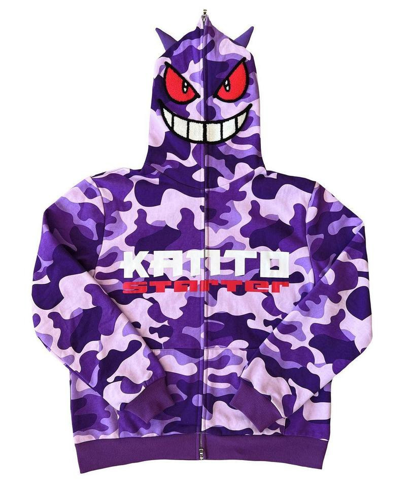 Purple Camo Anime Loose Zip Hoodie Men Y2K Contrast Print Embroidered Ears Harajuku Streetwear Retro Oversized Sweatshirt 220819