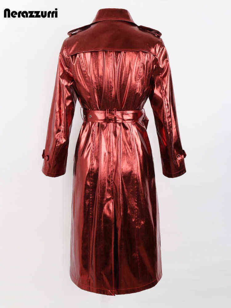 Nerazzurri Spring Autumn Long Shiny Reflective Patent Leather Trench Coat for Women Sashes Double Breasted European Fashion 2022 T220810
