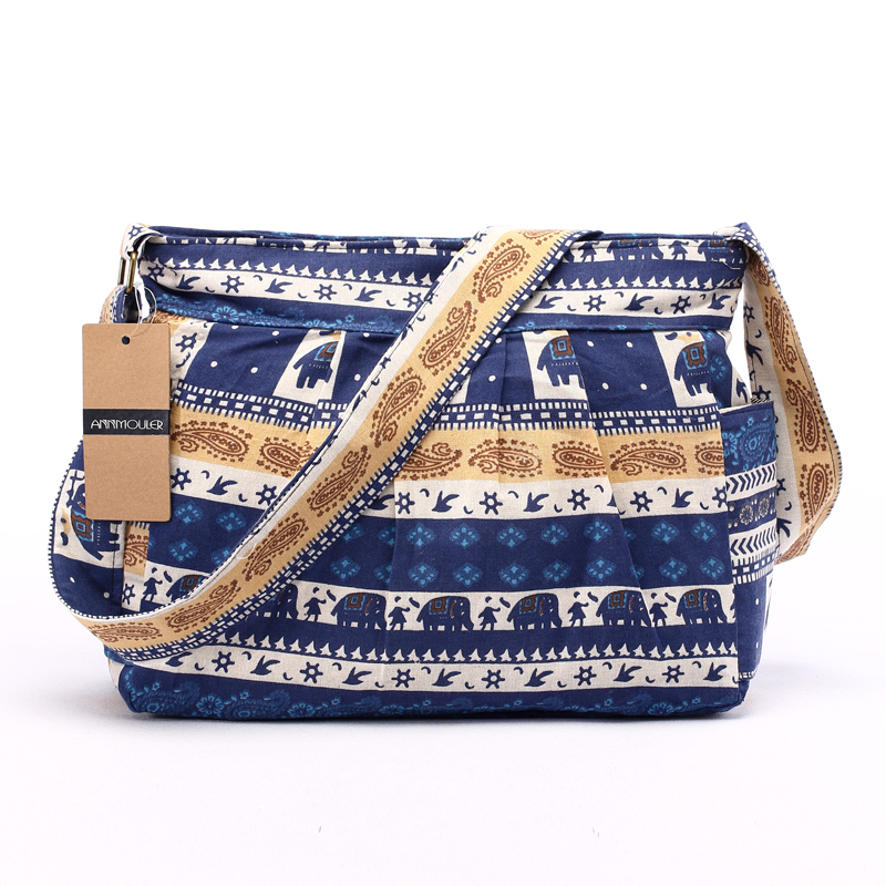 Annmouler Large Women Shoulder Bag Cotton Fabric Crossbody Tribal Elephant Print Hobo Soft Adjustable Messenger 220819