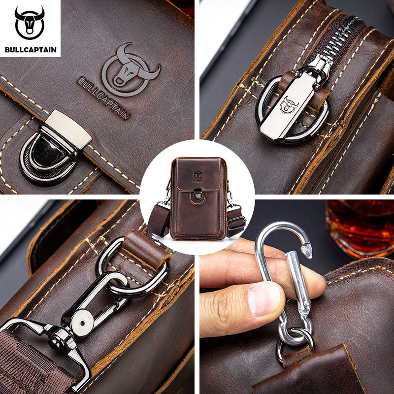 BULLCAPTAIN Crazy horse leather Male Waist Pack Phone Pouch Bags Waist Bag Mens Small chest Shoulder Belt Bag back pack075 220819