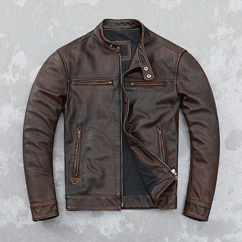 Retro Distressed Cowhide Leather Jacket Men's Real Leather Jacket Motorcycle Jacket Youth Slim Fit Unlined Coat Fashion 220819