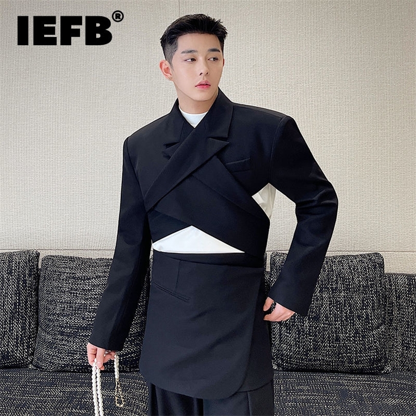 IEFB Menswear Fashion Cross Adjustable Wearing Backless Blazers Notched Long Sleeve Short Suit Jacket Male Autumn 220819
