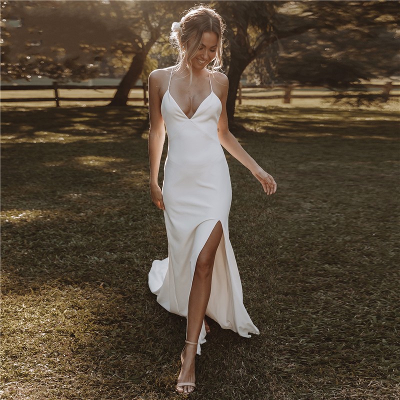 Sexy Beach Wedding Dresses Mermaid Boho Bride Dress Spaghetti Straps Slit Backless Simple Bohemian Bridal Gowns Vestido De Noiva
