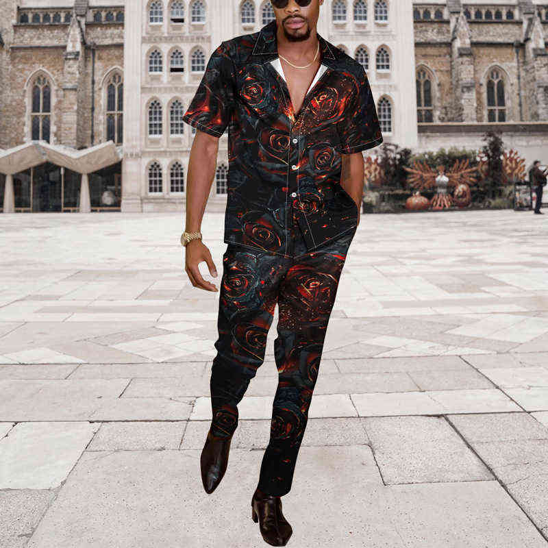 Vintage Floral Printed Two Piece Sets Men Spring Summer Short Sleeve Buttoned Shirts And Straight Pants Suit Mens Casual Outfits T220819
