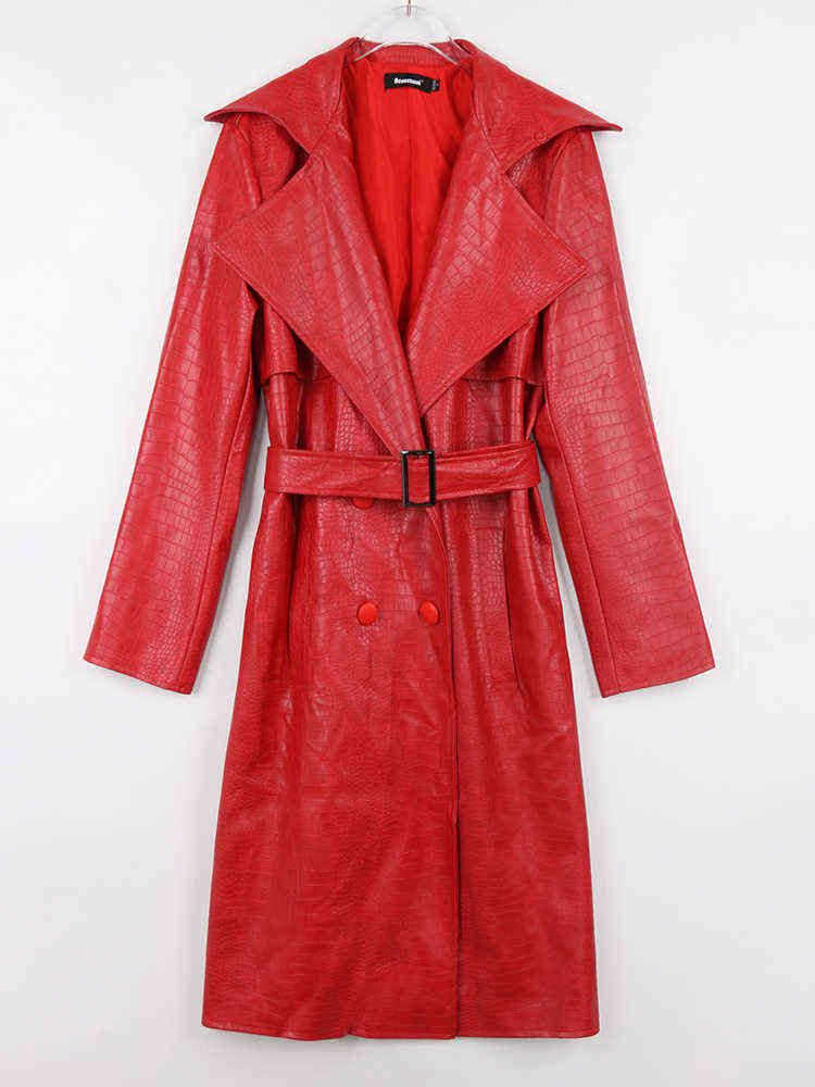 Nerazzurri Autumn Long Loose Red Crocodile Print Leather Trench Coat for Women Belt Double Breasted Waterproof Raincoat Fashion T220810