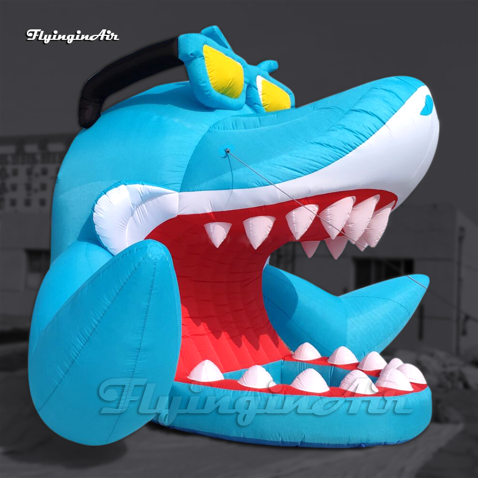 Large Blue Inflatable Cartoon Shark Concert Mascot Tent Open Mouth DJ Inside With Sunglassess For Outdoor Event