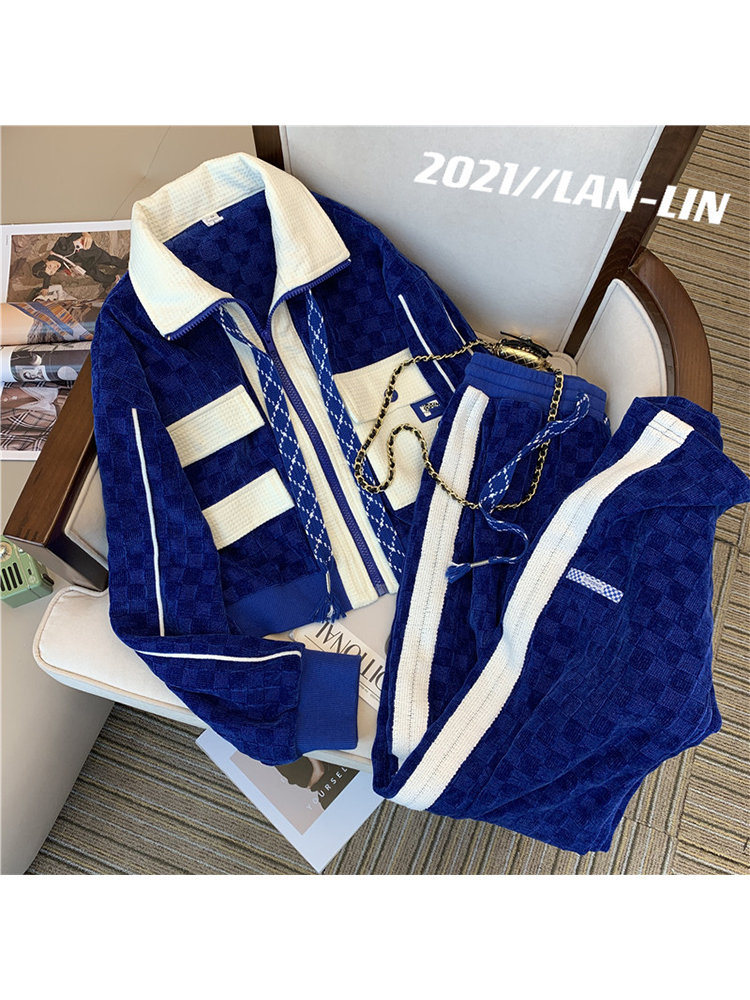 Women Blue Pants Set Lapel Warm CoatElastic Loose Waist Trousers 2 PIEC Suits Sportswear Outfits Autumn and Winter 220819