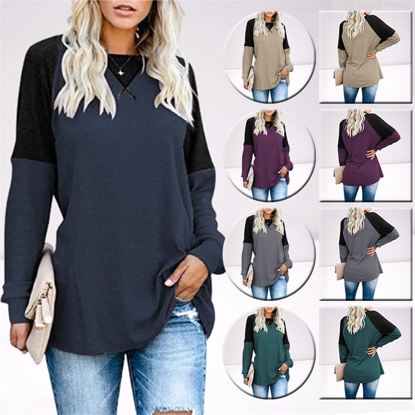 Winter Autumn Patchwork O Neck Solid Color Tops Women's Fashion Casual Loose Plus Size Tees Tunic T Shirt Long Sleeved Pullovers 220318