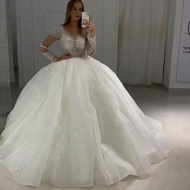Arabic Dubai Wedding Dress Ball Gowns Glitter Tulle Sheer V-neck Beads Bride Dresses Robe De Mariee Long Sleeves Vestidos De Noiva