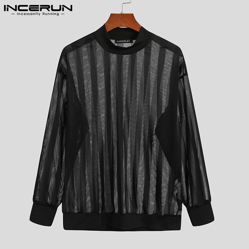 INCERUN Men Striped T Shirt Mesh Sexy See Through O Neck Long Sleeve Party Nightclub Tee Tops Streetwear Casual Camisetas 7 220819