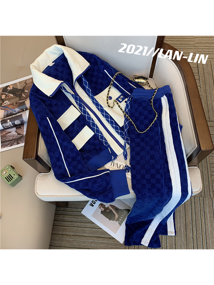 Women Blue Pants Set Lapel Warm CoatElastic Loose Waist Trousers 2 PIEC Suits Sportswear Outfits Autumn and Winter 220819