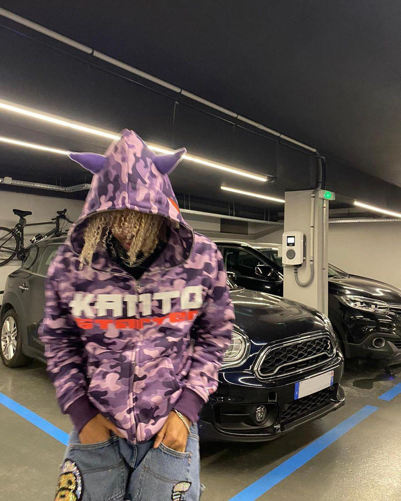Purple Camo Anime Loose Zip Hoodie Men Y2K Contrast Print Embroidered Ears Harajuku Streetwear Retro Oversized Sweatshirt 220819