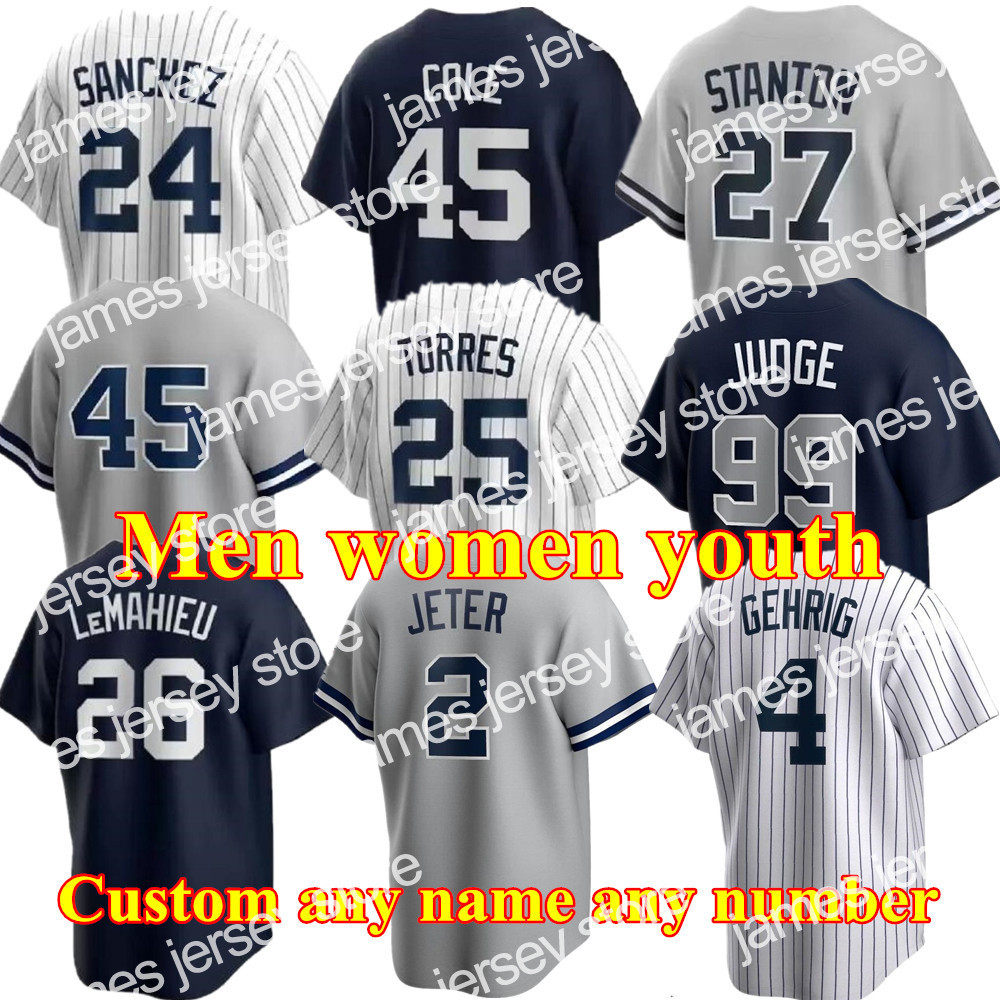 2022 Custom Men Women Youth 99 AARON JUDGE Jersey 2 DEREK JETER 45 GERRIT COLE 25 GLEYBER TORRES GIANCARLO STANTON SANCHEZ YANKEE SABATHIA DJ