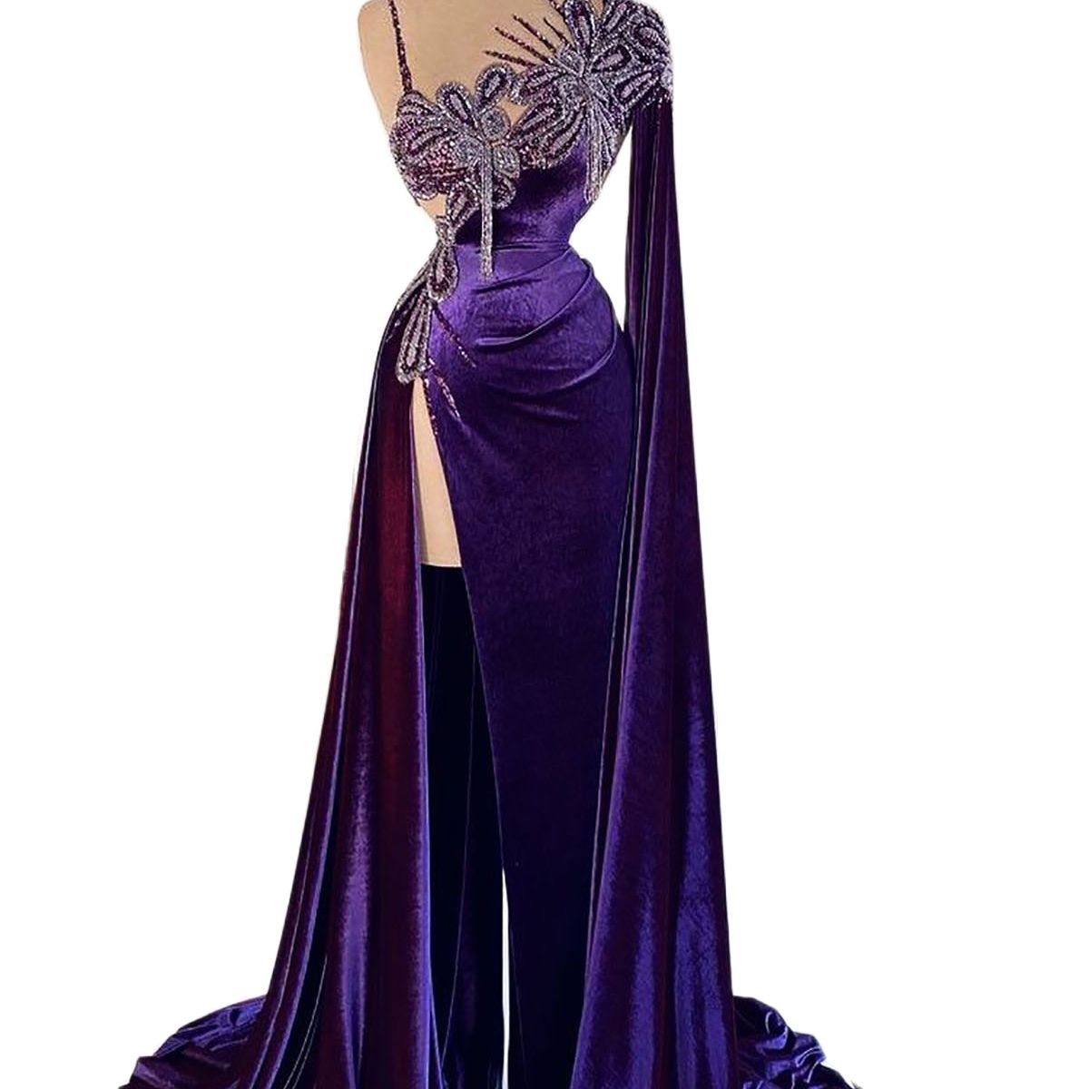 Purple Velvet Mermaid Evening Dress Couture Sheer Neck Beading Lace Prom Gowns Robe De Soiree Side Split Dubai Formal Wear