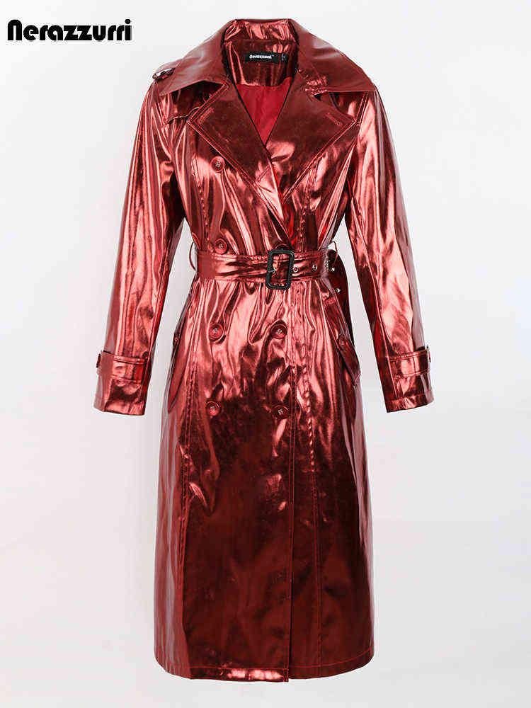 Nerazzurri Spring Autumn Long Shiny Reflective Patent Leather Trench Coat for Women Sashes Double Breasted European Fashion 2022 T220810