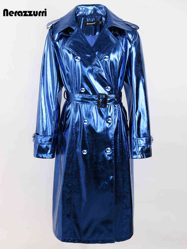 Nerazzurri Spring Autumn Long Shiny Reflective Patent Leather Trench Coat for Women Sashes Double Breasted European Fashion 2022 T220810