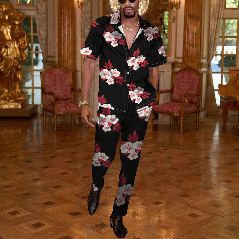 Vintage Floral Printed Two Piece Sets Men Spring Summer Short Sleeve Buttoned Shirts And Straight Pants Suit Mens Casual Outfits T220819