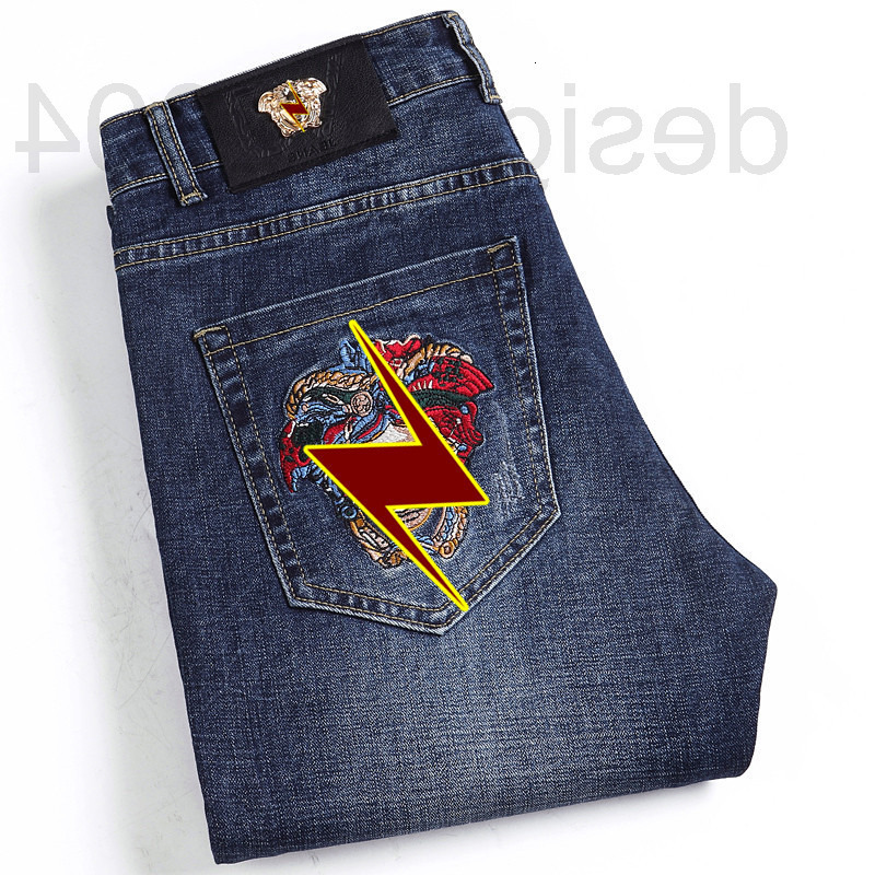 Men's Jeans designer A2021 spring and summer fashion brand new Medusa embroidered jeans men's elastic Slim small foot straight tube SK1F