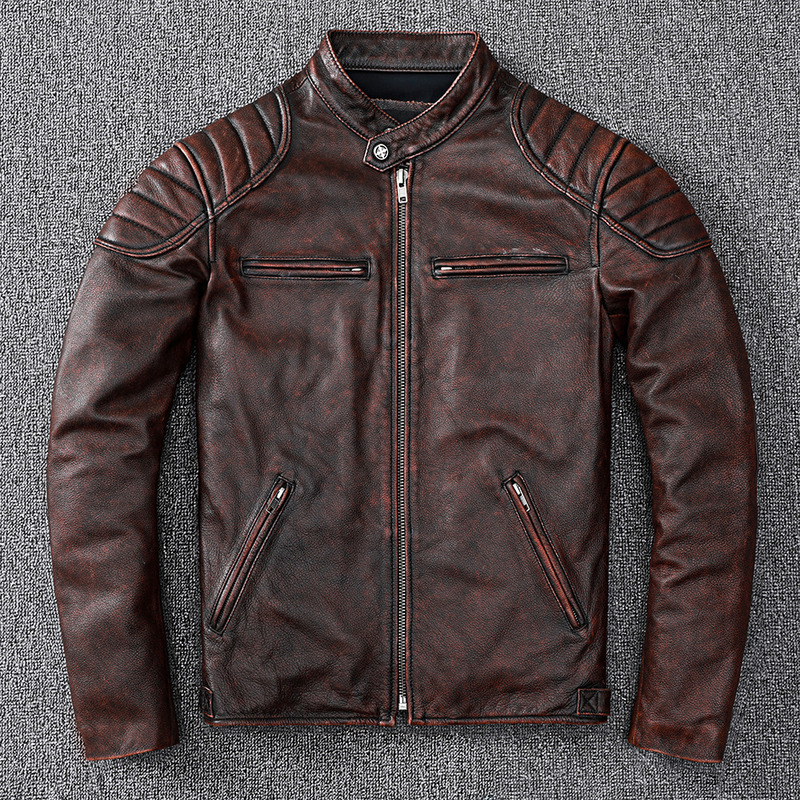 Vintage Style Mens Cowhide Clothes Biker Genuine Leather Jacket Fashion Brown Leather slim coat men 220819