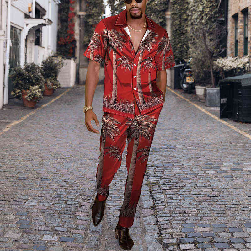 Vintage Floral Printed Two Piece Sets Men Spring Summer Short Sleeve Buttoned Shirts And Straight Pants Suit Mens Casual Outfits T220819