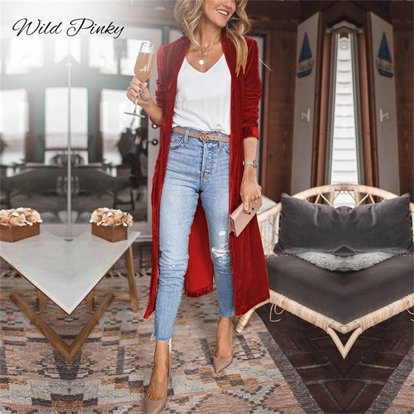 WildPinky Fashion Fall Winter Women Belt Cardigan Buttons Long Jacket Casual Solid Color Velvet Office Lady Elegant Coat 220819