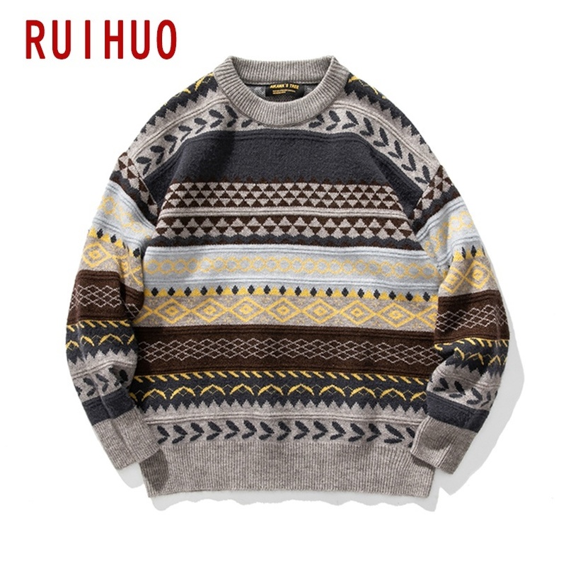 RUIHUO Knitted Striped Vintage Sweater Men Clothes Pullover Men Sweater Casual Men's Sweater Knit M-2XL Arrivals 220819
