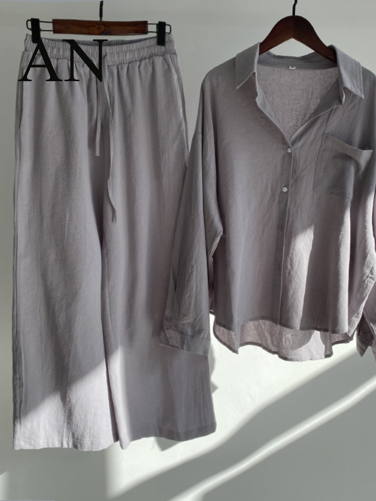 Women s 2 piece Retro Oversize Cotton and Linen Shirt Plus High Waist Slacks Suit Sweatshirt Set 220819