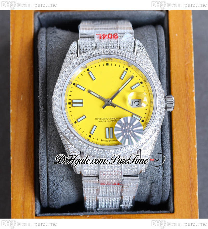 RF 40mm Date ETA A2824 Automatic Mens Watch Paved Diamond Yellow Dial Stick Markers Iced Out Diamonds 904L OysterSteel Bracelet Jewelry Watches Puretime F03a1, Custom warranty card
RF 40mm Date ETA A2824 Automatic Mens Watch Paved Diamond Yellow Dial Stick Markers Iced Out Diamonds 904L OysterSteel Bracelet Jewelry Watches Puretime F03a1, Custom warranty card